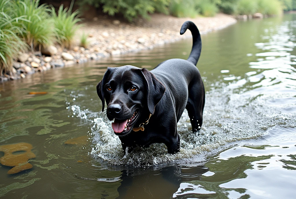 there is a black dog that is standing in the water, dog, at the waterside, black dog, a handsome, in a pond, in the water, a dog, river in front of him, the photo shows a large, bear, labrador, menacing!, playing with the water, emerging from the water, wet fur, handsome, nice face, disney style character

