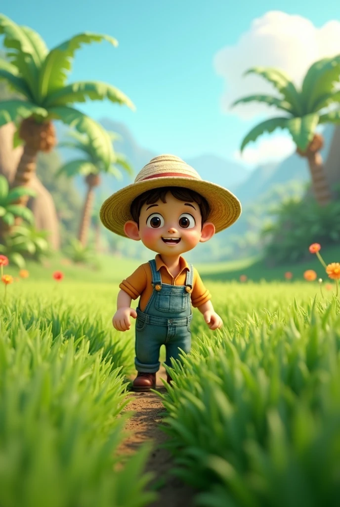 A 3D render of a vibrant and picturesque tropical landscape and cartoon*Farmer in a Field**: A farmer, wearing traditional attire, working diligently in a lush green field under the bright sun, with crops swaying gently in the breeze.