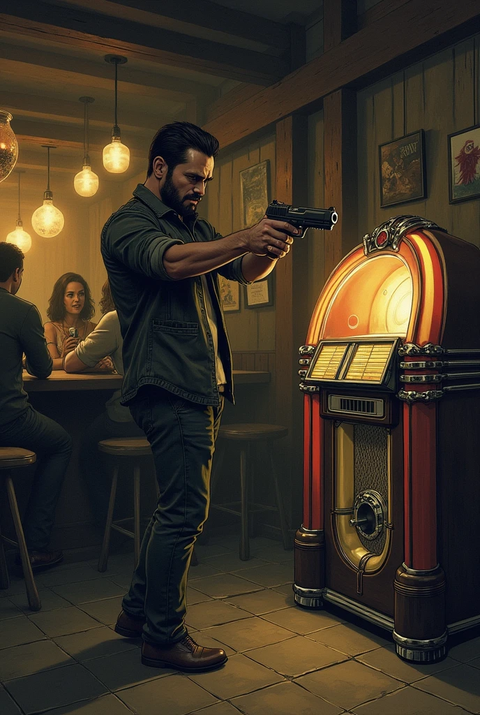 Man with gun in a bar with a jukebox hand drawn