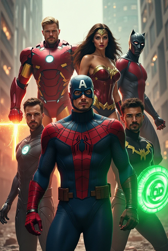 Generate a superhero team with Iron Man, Captain America, Spiderman, Black Widow, a blond 1 Green Lantern, Black Panther and Wonder Woman