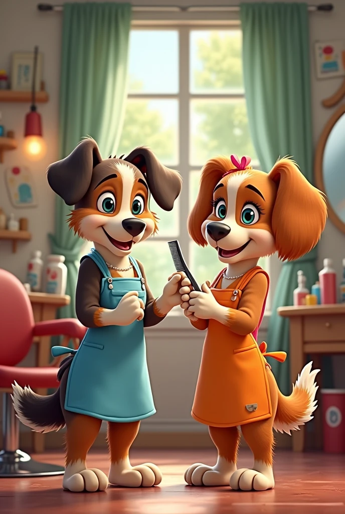Make a picture of two dogs being (lobo) hairdressers, in Disney cartoon