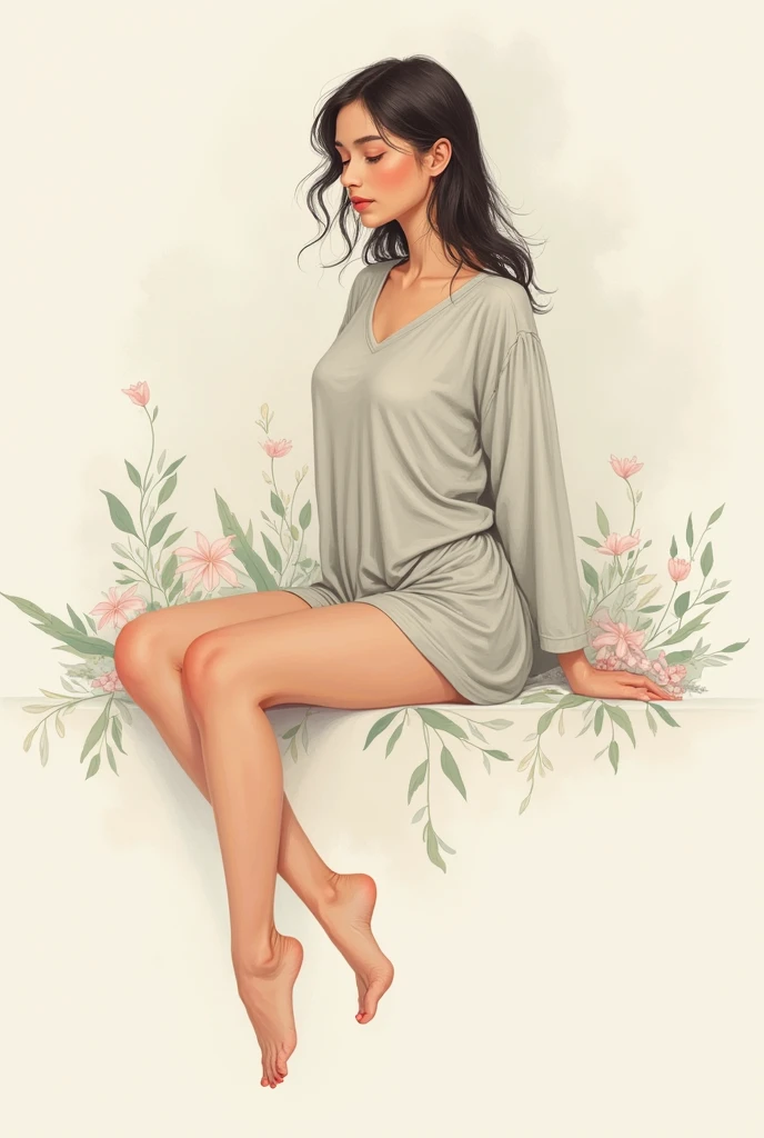 young woman sitting, crossed legs showing calm, non-realistic illustration type
