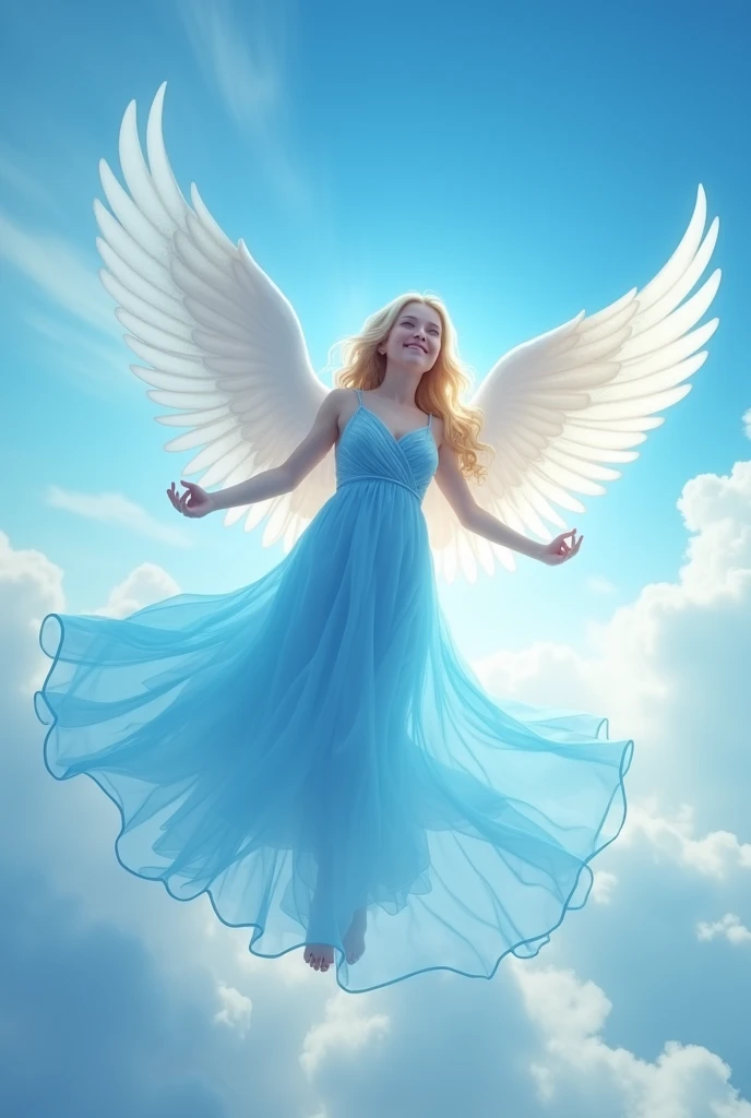 An angel in a blue dress with wings, flying in the sky, smiling beautifully.