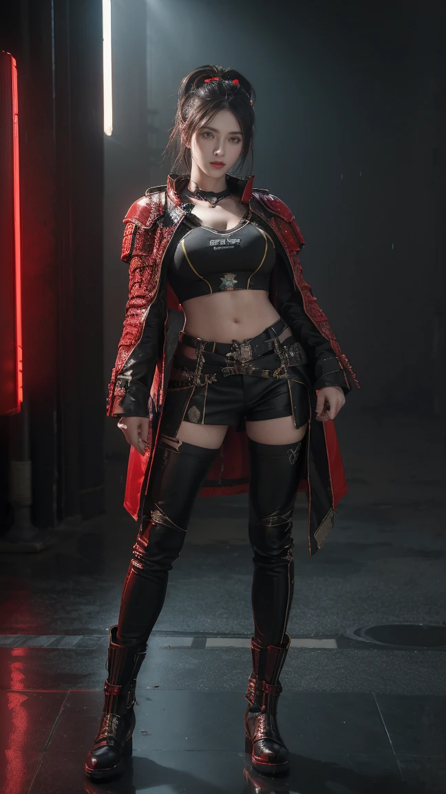 tmasterpiece,Best quality,A high resolution,8K,(Portrait photograph:1.5),(ROriginal photo),real photograph,digital photography,(Combination of cyberpunk and fantasy style),(Female soldier),20 year old girl,random hair style,By bangs,(Red eyeigchest, accessories,Redlip,(He frowned,Sneer),(Cyberpunk combined with fantasy style clothing,Openwork design,joint armor,police uniforms,Racing Girl Coat),exposing your navel,Photo pose,Realisticstyle,Thunder and lightning on rainy day,(Thunder magic),oc render reflection texture, full body, boots, shoes warrior