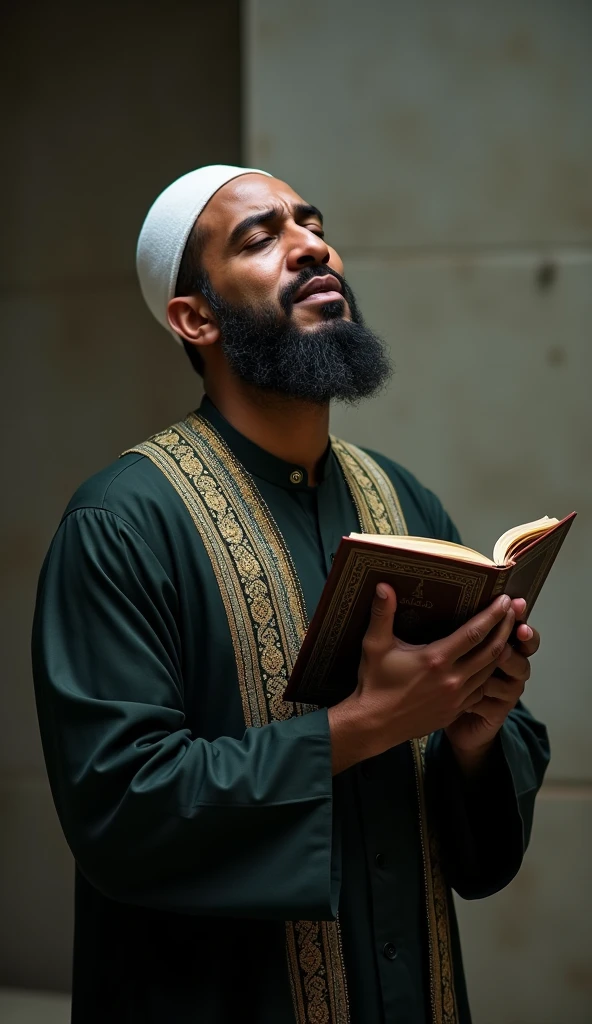 A Muslim man standing with the Quran in his hand is crying profusely