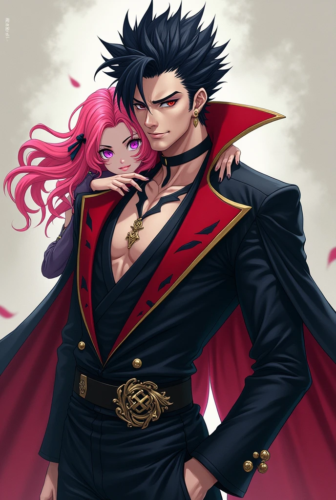 Realistic photography, Mihawk Dulacre with black hedgehog hair and edged beard carrying pink haired Perona on his shoulder