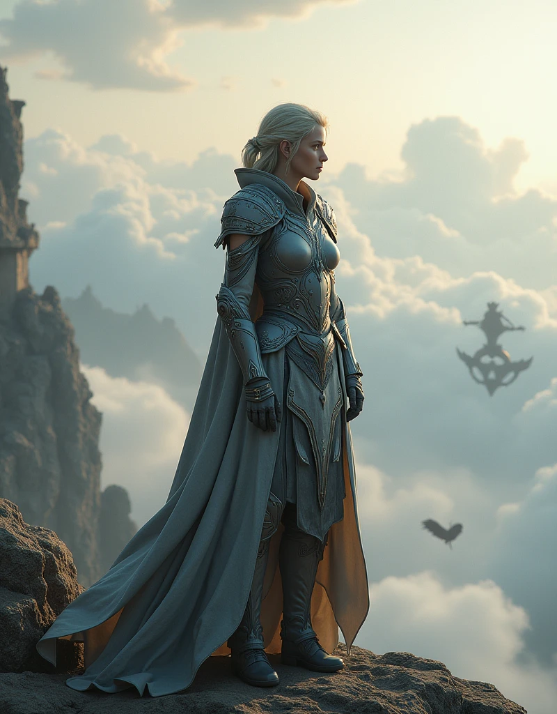 A lone, battle-scarred warrior woman, Seren, clad in ornately designed, high-tech armor, stands resolute on a cliff overlooking the vast, otherworldly expanse of Nova Aeterna. The sky is a surreal mix of colors, with floating islands and fantastical creatures in the distance. The scene is rendered in 4k resolution with photorealistic textures, cinematic composition, dynamic lighting, and volumetric fog for added depth and drama