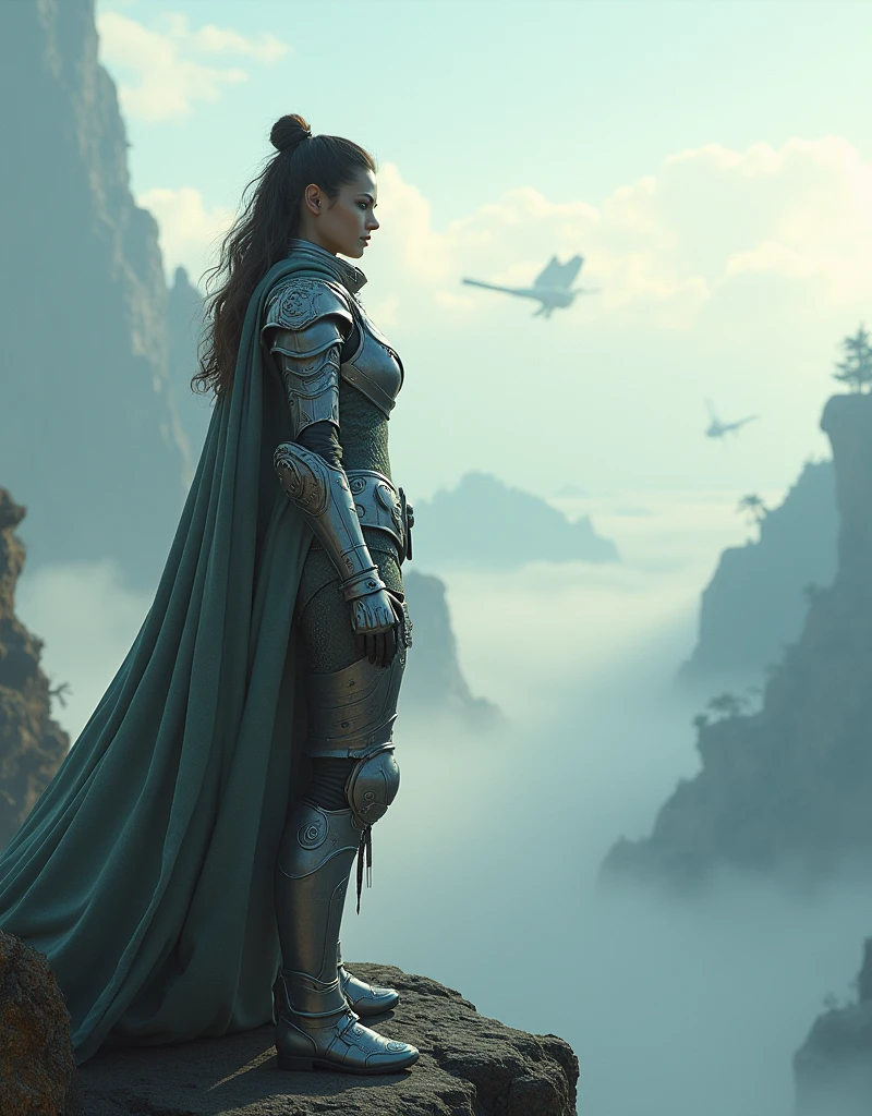 A lone, battle-scarred warrior woman, Seren, clad in ornately designed, high-tech armor, stands resolute on a cliff overlooking the vast, otherworldly expanse of Nova Aeterna. The sky is a surreal mix of colors, with floating islands and fantastical creatures in the distance. The scene is rendered in 4k resolution with photorealistic textures, cinematic composition, dynamic lighting, and volumetric fog for added depth and drama