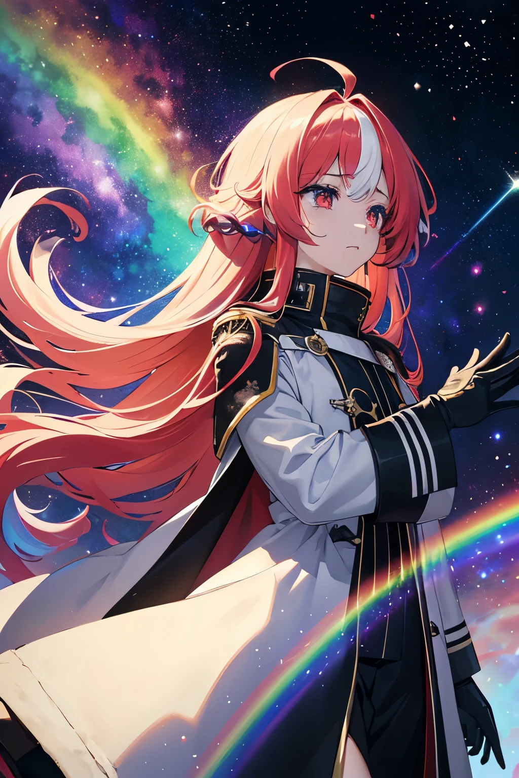 ((Fantasy Rainbow Hair Long Hair Dull red eyes Have a galaxy uniform Put on a coat without putting your arms through it Lonely despair)) ((Tears gloves)) (Broken glass Distorted Space-Time star) Catch the wind fall Shining Background Particles of light, rainbow-colored edges