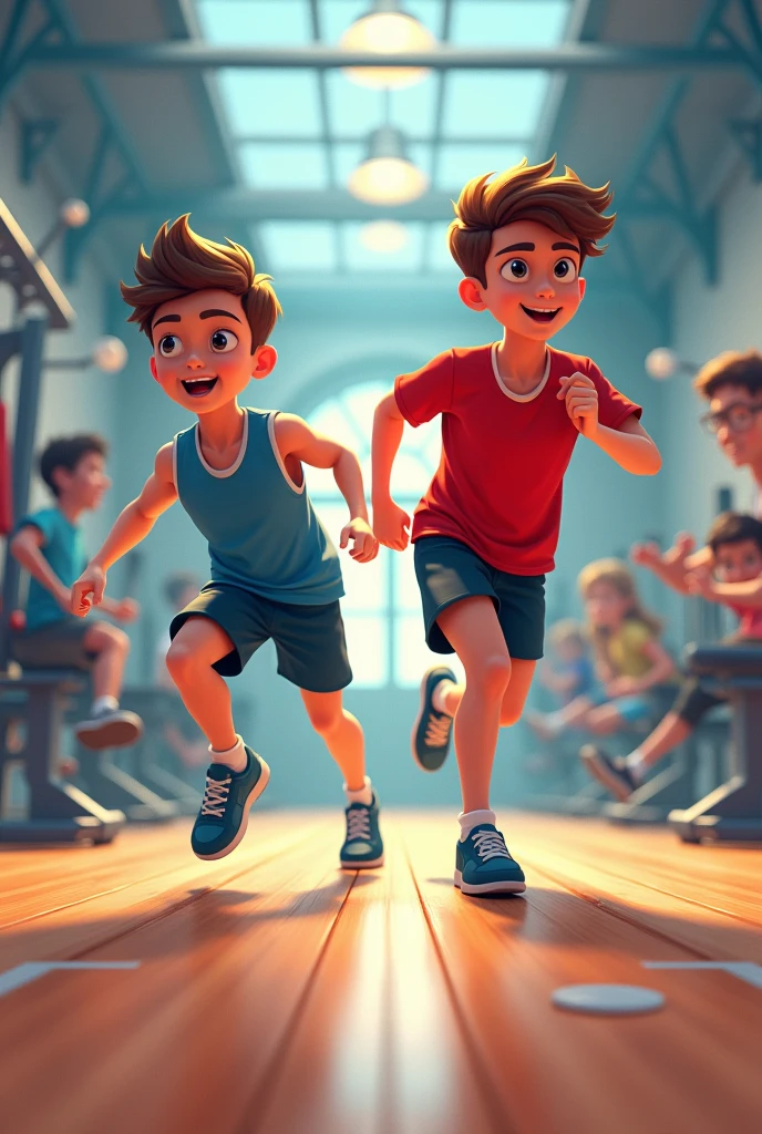 Create a thumbnail in which two boys are and in background gym equipment
