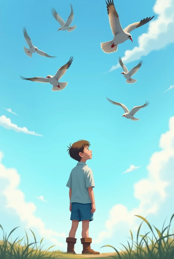 boy with light blue shirt, shorts and boots watching the birds flying in a group in the sky