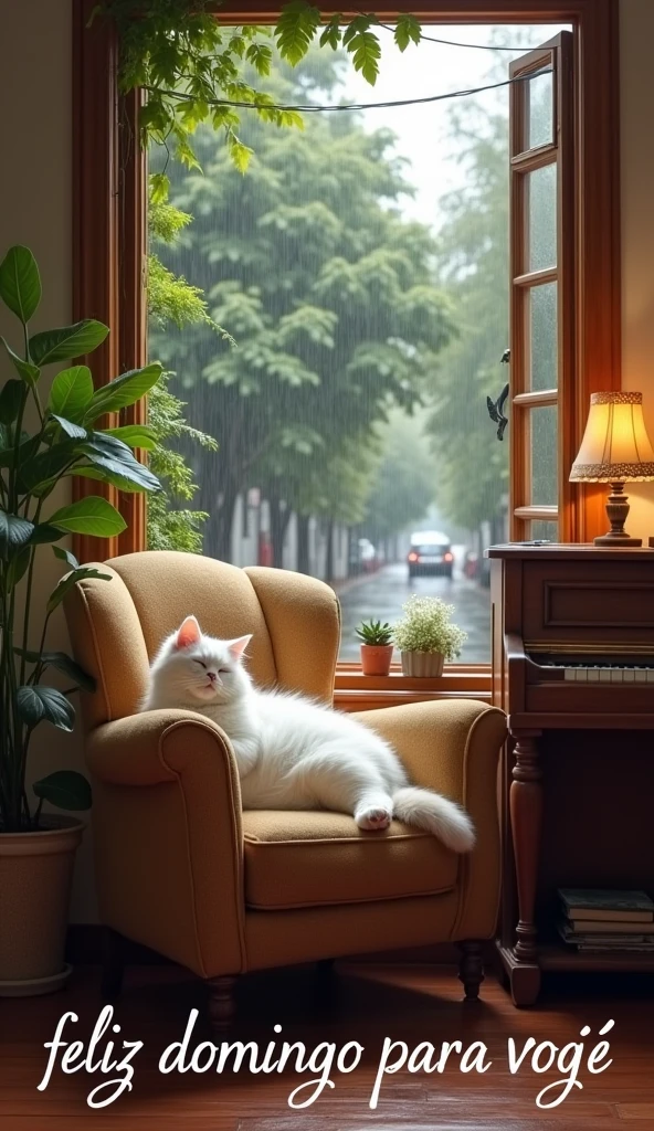 A photo of a cozy living room with a charming scene of a cat lounging and dozing in an easy chair. The cat has vibrant white fur. The room is adorned with simple and beautiful scenery, including a piano in one corner and a wooden window in the background. The window frames a picturesque view of a rainy afternoon, with raindrops running down the sidewalk, lush green trees, and a softly lit city outside. The text below the image says "Feliz domingo para VOCÊ".