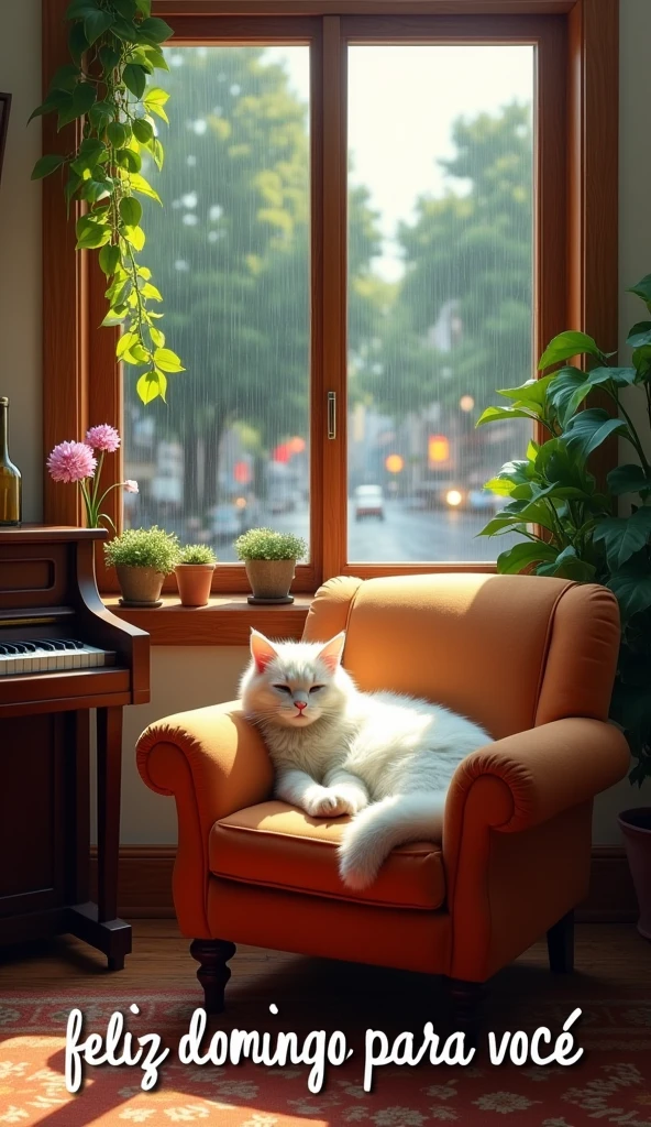 A photo of a cozy living room with a charming scene of a cat lounging and dozing in an easy chair. The cat has vibrant white fur. The room is adorned with simple and beautiful scenery, including a piano in one corner and a wooden window in the background. The window frames a picturesque view of a rainy afternoon, with raindrops running down the sidewalk, lush green trees, and a softly lit city outside. The text below the image says "Feliz domingo para VOCÊ".