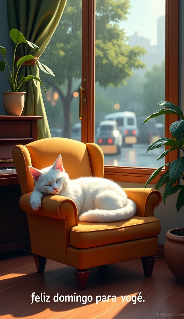 A photo of a cozy living room with a charming scene of a cat lounging and dozing in an easy chair. The cat has vibrant white fur. The room is adorned with simple and beautiful scenery, including a piano in one corner and a wooden window in the background. The window frames a picturesque view of a rainy afternoon, with raindrops running down the sidewalk, lush green trees, and a softly lit city outside. The text below the image says "Feliz domingo para VOCÊ".