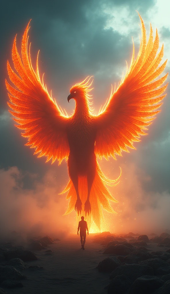 Gigantic fire phoenix walking across a plain in the distance amid fog, blue  haze, dark clouds, grimdark ,supense, unearthly, octan render, unreal engine , photorrealistic, hyper realism, highy detailed, high qualiy, intrincately detailed,Volumetric lighting, full character, 4K, ,hard disk ,Full HD, 8k, RTX, high resolution, detailed shadows, incredibily detailed, perfect, Dramatic scale
