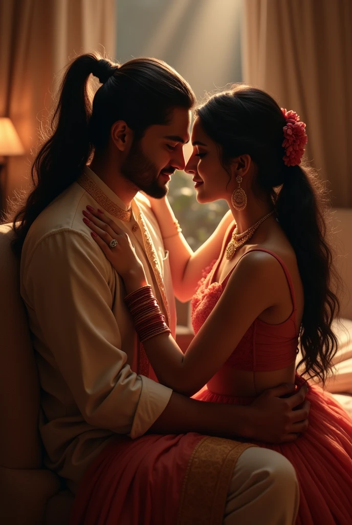 Create a image of a 2 indian couple in a room Romancing girl have long black silky hair and high pony tail