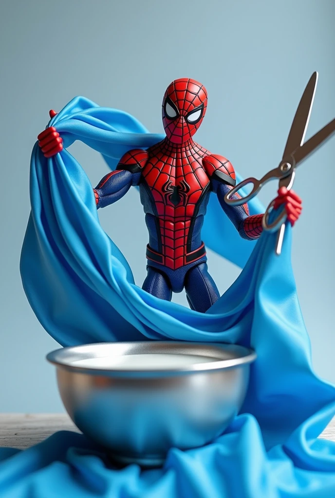 (photorealism 1:2) Spider-Man toy, Holding blue silk fabric on both hand, on top that one hand holding silver bowl with milk, other hand holding scissors, detailed