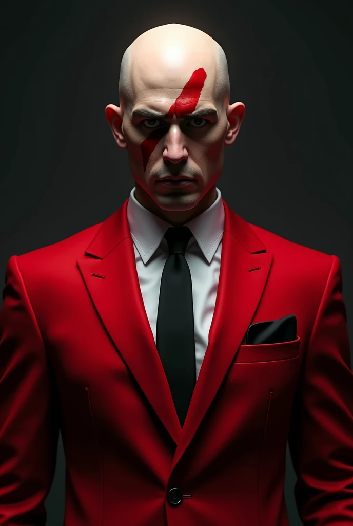 make a guy in a red suit a black tie and with a shaved head with a scar over his eye
