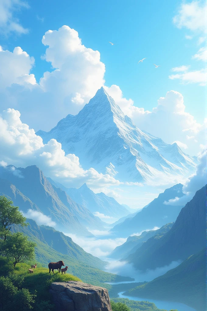 Beautiful white sky and the clouds mountain view with animals