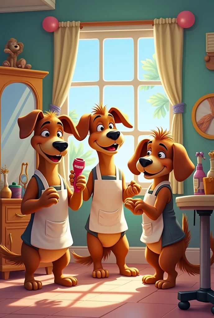 Make a picture of three dogs being (lobo) hairdressers, in Disney cartoon 