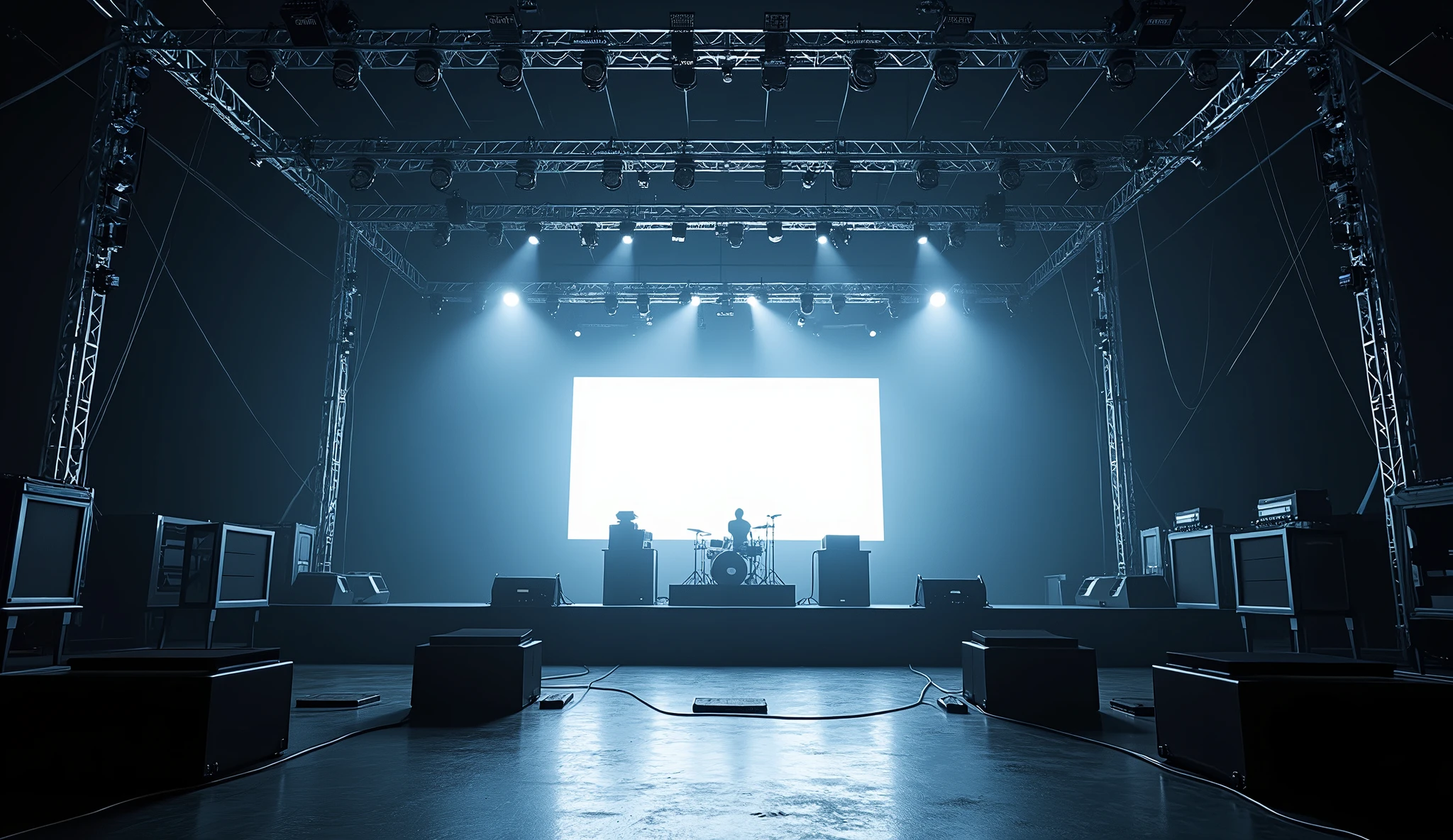 An expansive music concert stage during soundcheck, with scattered lighting that casts long shadows. The stage features large, towering trusses with spotlights, a row of amplifiers, and a drum riser at the back. The background is a wide LED screen displaying a test pattern, with no audience or performers in sight.
