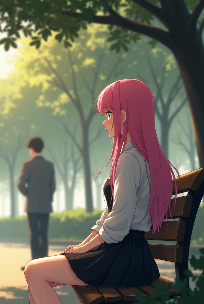 For the cover art for “Shared Silence,” we could feature Lara, the pink-haired protagonist, in a striking pose that captures the essence of the story. Here’s a possible design concept: Lara is sitting on a bench in a quiet park, her back to the viewer. Her long, vibrant pink hair cascades down her back, the strands gently swaying in the breeze. She’s dressed in a stylish outfit, with a black skirt that falls just above her knees, paired with a white blouse unbuttoned at the collar, revealing a hint of her slender neck. Her arms are wrapped around her knees, and her chin rests on them, as if lost in thought. A young man’s silhouette stands in the background, partially obscured by a tree, hinting at Mauricio without distracting from Lara. The color palette would be muted, with earthy tones like green, brown, and gray dominating the scene. Soft, golden light filters through the leaves overhead, casting a warm glow on Lara’s profile. The overall mood is one of contemplation, solitude, and the promise of an unspoken bond between the two characters. The title "Shared Silence" would be emblazoned across the top of the cover in a simple, elegant font, perhaps in a darker shade to contrast with the lighter tones of the art. Do it anime style