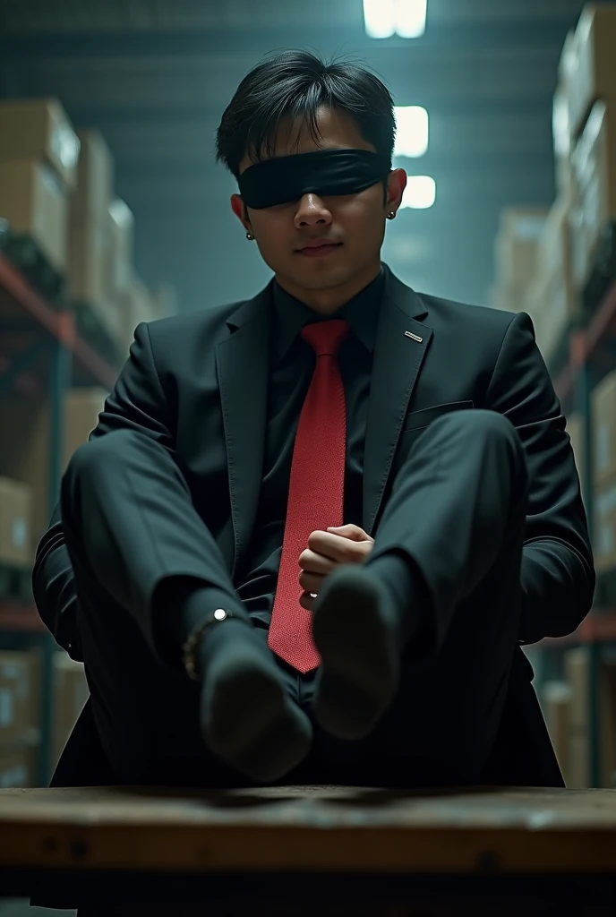 Malaysia malay handsome 22 years student
His handcuff in warehouse
Blindfolded
Black Suit and Red tie
feet on desk
feather
5 toes each feet
Black smelly sock
2 man under his feet
1 man take off his socks
1 man holding feather tickle his feet
He laugh very hard