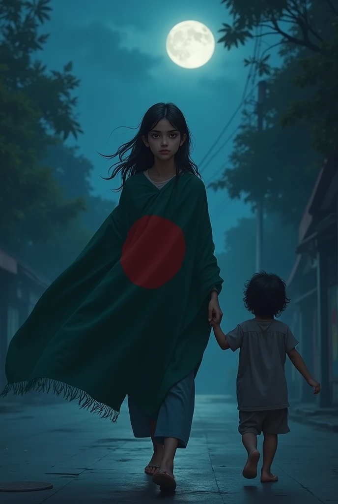 A girl is walking with a Bangladeshi flag wrapped in the moonlight at night and another with a child