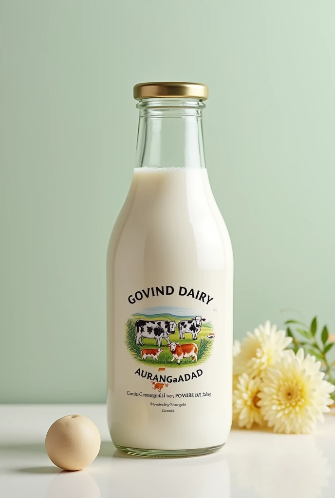 Create a image of glass milk bottle name as govind dairy and print some cow and some adress like Aurangabad