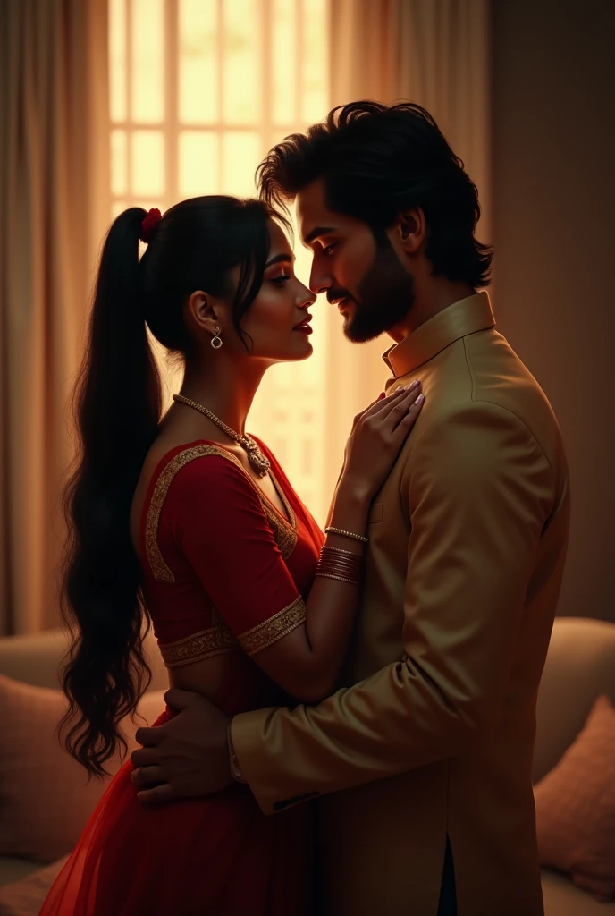 Create a image of a 2 indian couple in a room Romancing girl have long black silky hair and high pony tail