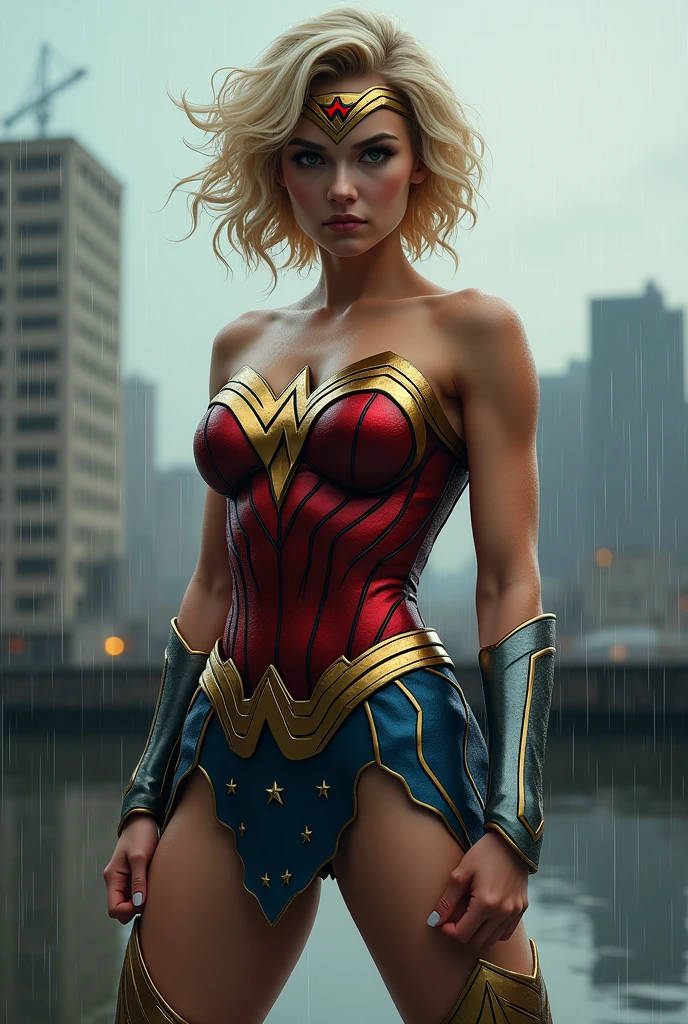 Actress Scarlett Johansson, wonder woman outfit, short and uncut hair, blonde, beautiful face, rain, roof, masterpiece, intricate details, perfect anatomy