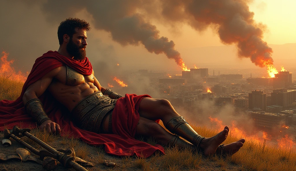 a greek warrior lying on hill wounded seeing over a burning fumes from a battle field