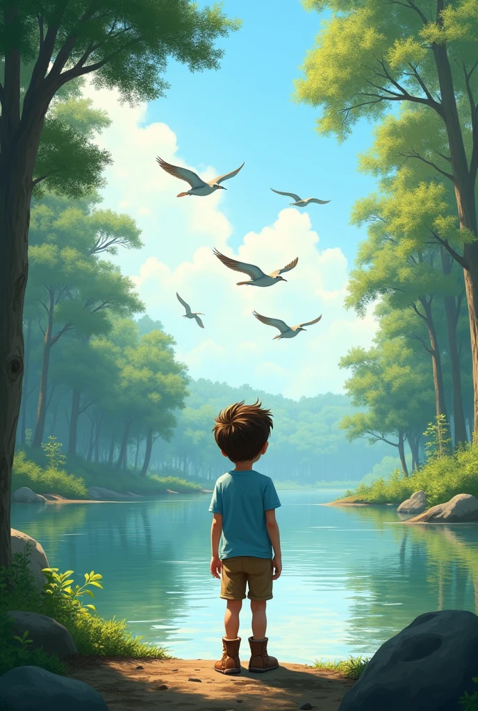  boy with light blue shirt, shorts and boots watching birds flying in a group in the sky in the forest on the shore of a lake






 



