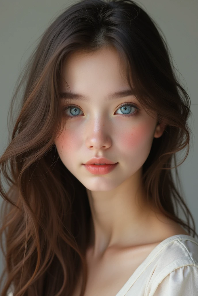 The girl has long, wavy brown hair, which fall freely on the shoulders. Her eyes are big and expressive., in a beautiful, deep shade of blue, which gives her look exceptional gentleness and empathy. The girl's skin is light, with a delicate blush on the cheeks, which adds warmth and charm to her face.