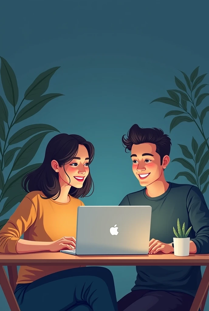 ((better quality)), ((artwork)), (Detailed), representation of a woman and a man reviewing, viewing and purchasing on a web platform on a laptop that has services, various professionals and tangible and intangible products, both online and at home, in a harmonious space, modern and friendly, plain wall background in dark blue gradient colors, cream and green,