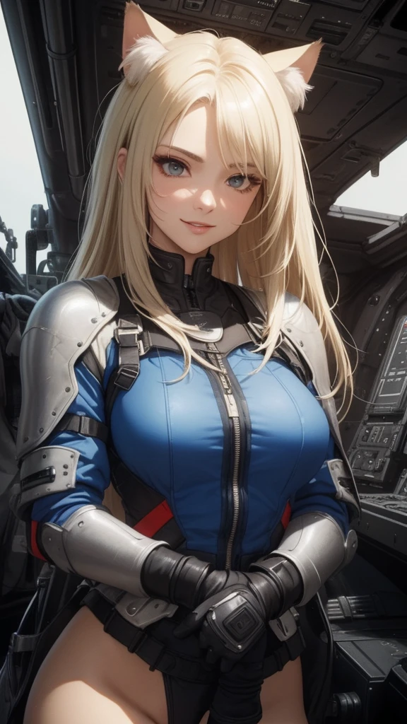 ((highest quality)), ((masterpiece)), (be familiar with), (High definition), 8K, Perfect Face、2Women、Two blonde women with cat ears、((モビルスーツの2cockpitのコックピットでスタンバイ中))、Fearless smile、tall、2 Blonde cat ears、2. Long Hair、2. Volumetric hair style、Large Breasts、Narrow waist、Big Ass、glamorous、Alluring、protector、Armor、combat suit、Combat Boots、Armament、Cinematic、Best Shadow、Side lighting、NEO TOKYO、((cockpit))、(Close-up of face)