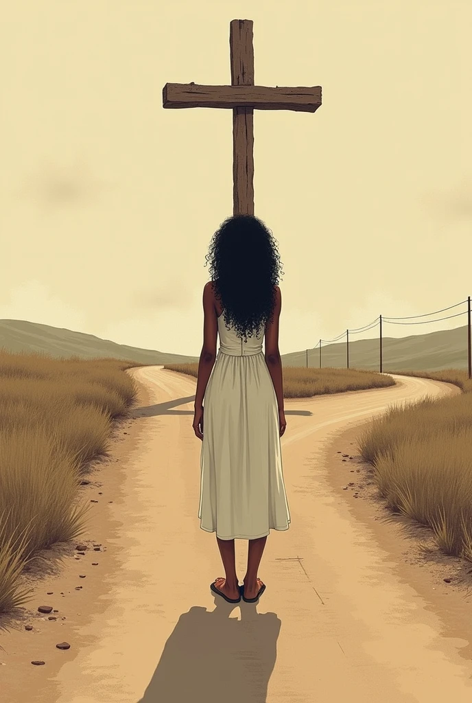 Title: "Timeline of Ponciá Vicencio: affection, Memory and Resistance"
I NEED IT TO BE JUST HER AT THE CROSSROADS IN THE MIDDLE IN PNG DRAWING BLACK WOMAN FROM THE BACK CURLY HAIR TYPE 4 LOOSE, LEAVE HER IN THE MIDDLE OF THE CROSS SHOW HER THE CROSS\RUZZY AND SHE'S IN A WHITE DRESS FURTHER FROM THE SCREEN LEAVE IT IN EARTH TONES I don't want her to be so close to the screen, show more road