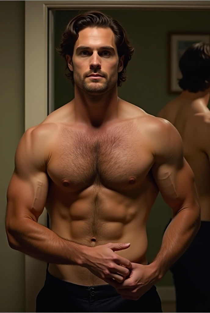 Henry Cavill with a hairy chest holding his dick in front of a mirror.