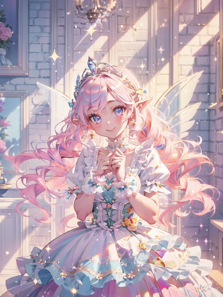 ((superwide shot,Ultra-wide field of view,whole body)),,Highest quality, Very detailed, beautiful, Exquisite, 16K, Full HD, Absurd,White Background,((Upper Body,Half-body photo)),((smile,Happy:1.5)),((Sparkling fluffy layered ball gown)), (Grab the hem of your dress and bow slightly.),Lots of flowers,((Surrounded by roses)),ruffles and rhinestones, ( Tabletop, Art Station, Fantasy art:1.2), 優雅なsmileで佇む，pastel colour,((Giant white fairy wings))、White skin,Gradient Hair, Pink Hair, Hair blowing in the wind, Wavy Hair,Fluffy hair,tiara,Lavender eyes, Long eyelashes, beautiful eyes、Light pink cheeks,Pointed Ears, Bright Eyes,Dazzling Light, Warm lighting,