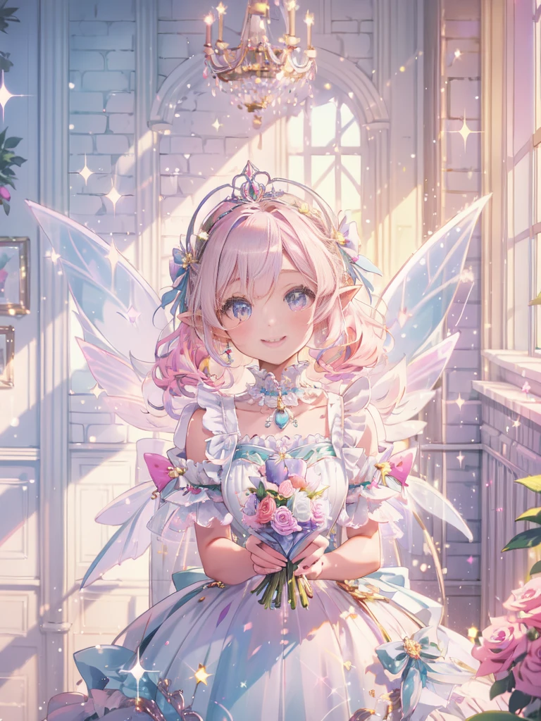 ((superwide shot,Ultra-wide field of view,whole body)),,Highest quality, Very detailed, beautiful, Exquisite, 16K, Full HD, Absurd,White Background,((Upper Body,Half-body photo)),((smile,Happy:1.5)),((Sparkling fluffy layered ball gown)), (Grab the hem of your dress and bow slightly.),Lots of flowers,((Surrounded by roses)),ruffles and rhinestones, ( Tabletop, Art Station, Fantasy art:1.2), 優雅なsmileで佇む,pastel colour,((Giant white fairy wings))、White skin,Gradient Hair, Pink Hair, Hair blowing in the wind, Wavy Hair,Fluffy hair,tiara,Lavender eyes, Long eyelashes, beautiful eyes、Light pink cheeks,Pointed Ears, Bright Eyes,Dazzling Light, Warm lighting,