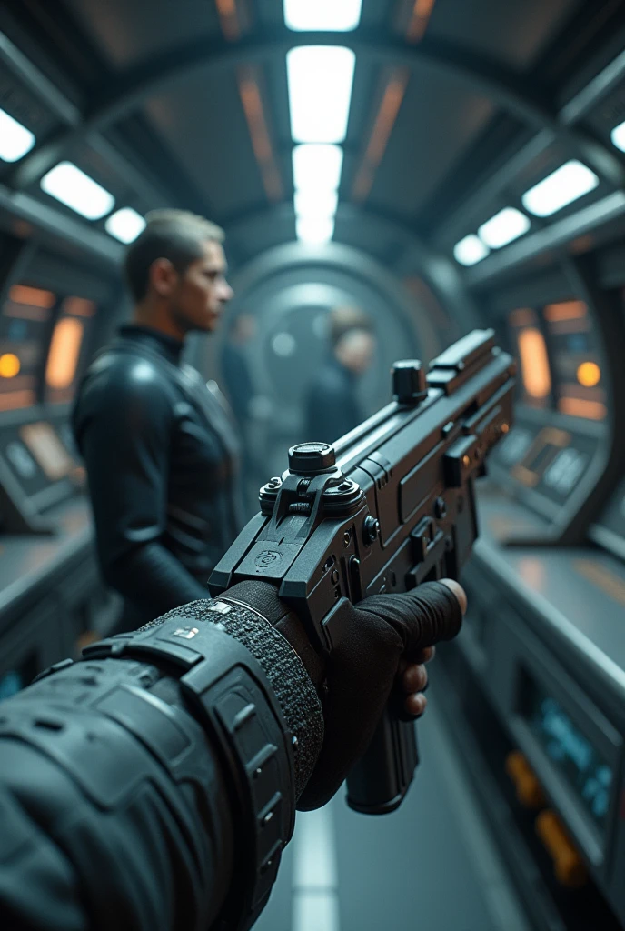 Spaceship internally, FIRST PERSON POINT of crew member holding a rifle, only the arm is visible