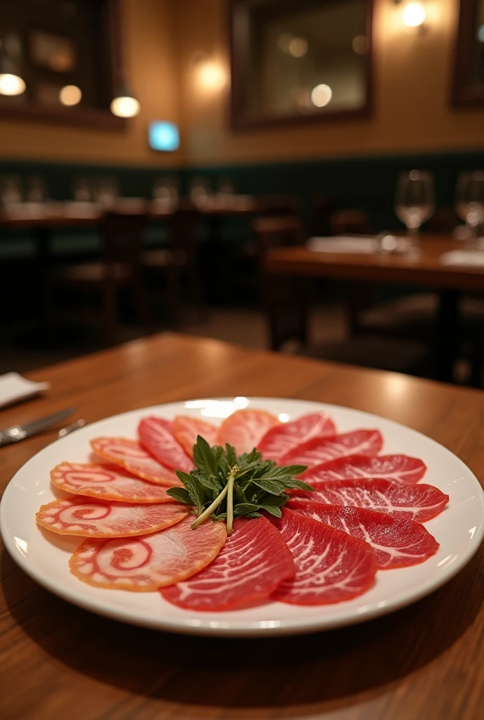 (photorealism: 1.2), realistic photo of a plate of cold cuts in a restaurant, subdued lighting