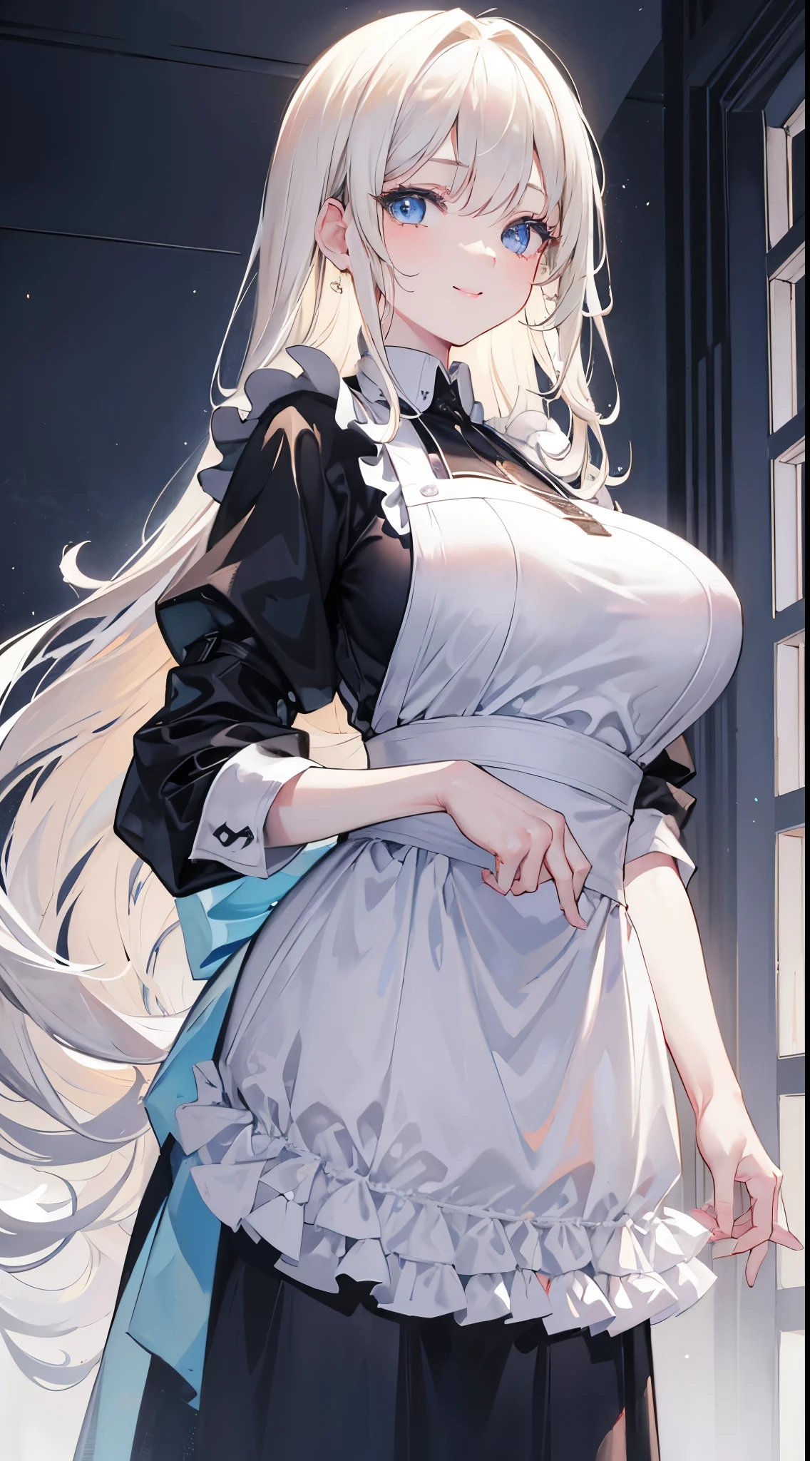 masterpiece, Highest quality, Very detailed, Beautiful lighting, With a girl, White apron, blonde, (Light blue eyes: 1.3), Are standing, Mild hot flashes, smile, (cute smile: 1,1), (Bright lips: 1,1), (Beautiful Eyes: 1,1), Long-haired, Platinum blonde、Black clothes、Adult women、Big Breasts、Alluring、Obscene、witch、night、Backlight