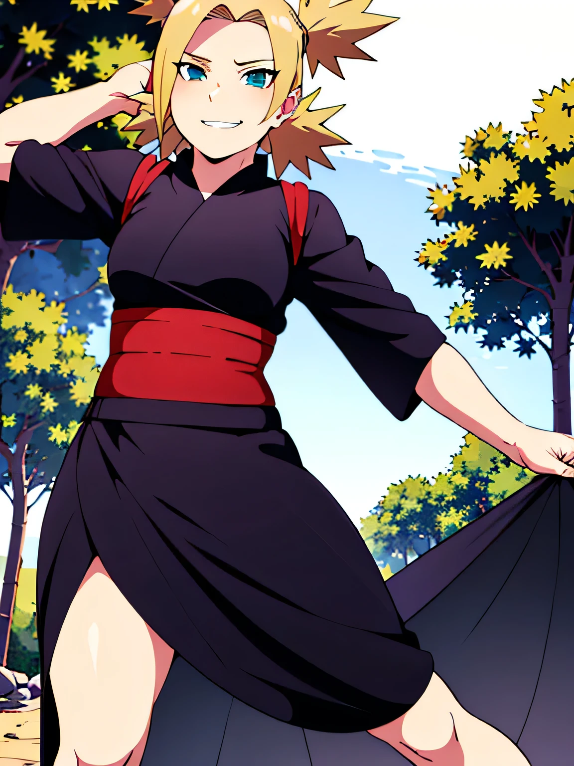 1 girl, ytemari, blonde hair, quad tails, blue eyes, fishnet,black clothes,Black yukata set, sash, line art, laugh, front view, stand,Adjusting the skirt, cool colors, Masterpiece, best quality, high definition,Facing straight ,Spread your legs,In the forest,smile,Condescending glance,Medium boobs,Beautiful nipples,Shirt handle,voluptuous,walk,In the village