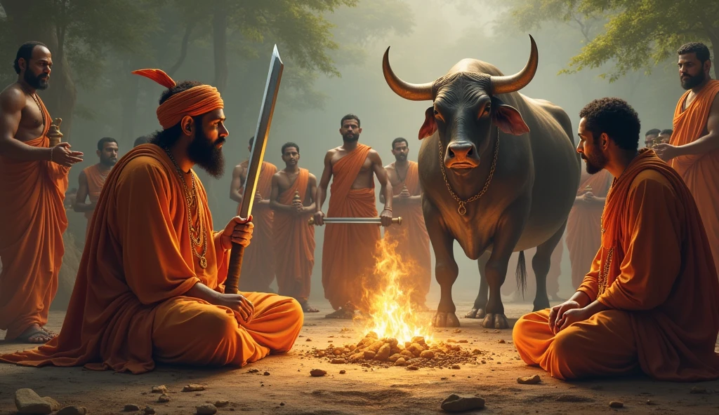 Brahmin man seating front of "agni kund" and some people  holding a bull in front of them.  One man holding a "big sward" for kill that bull. Generate image of sacrificial bull in hindu festival. And buddha goes to save that animal