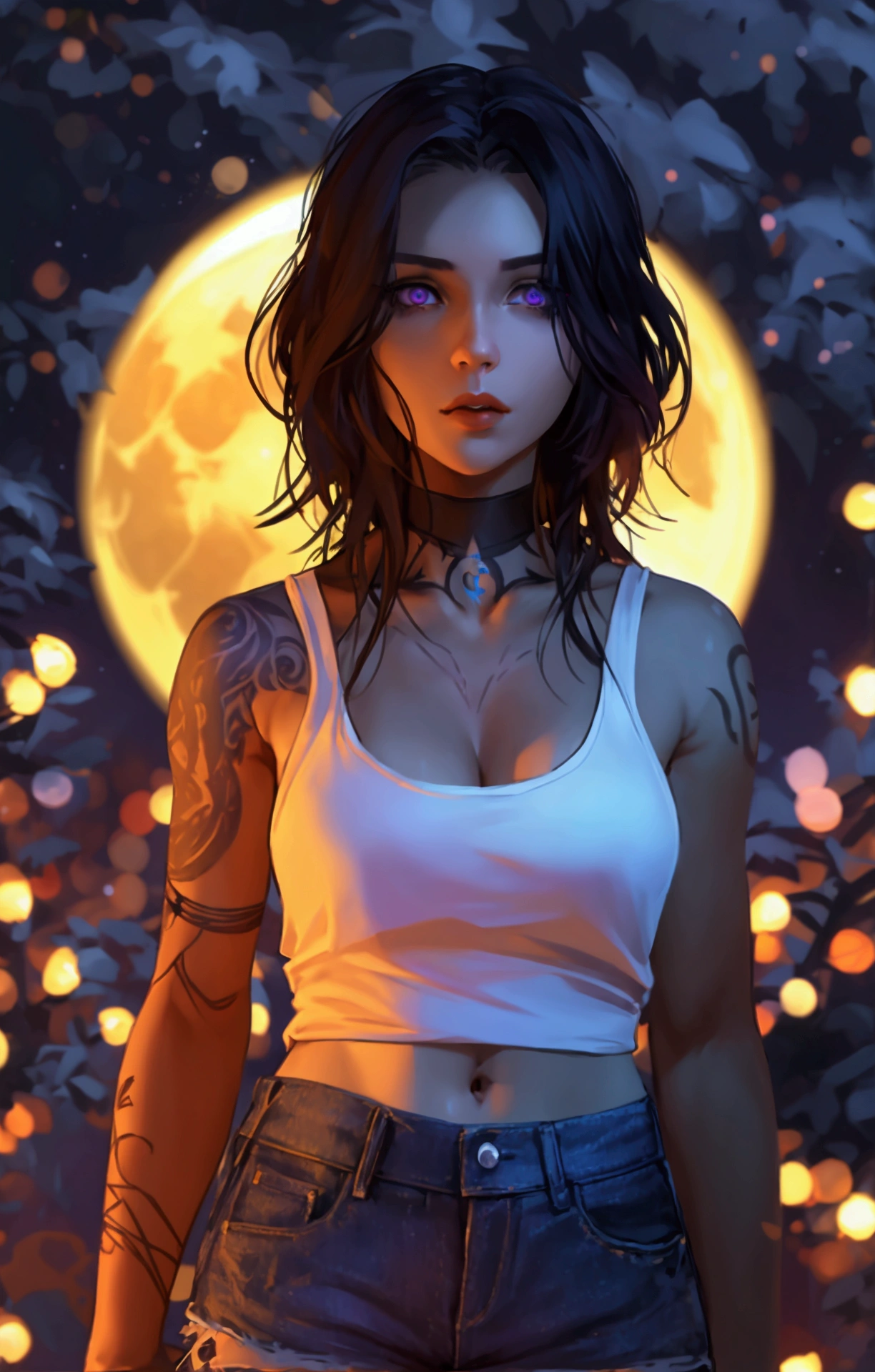 A twenty-sonething Norwegian woman, pale skin, chest-length silky raven hair, blue-purple eyes, full lips, an hourglass body, and a forearm tattoo of a full moon with two crescent moon on either sides. Wearing a white tank top and denim shorts.