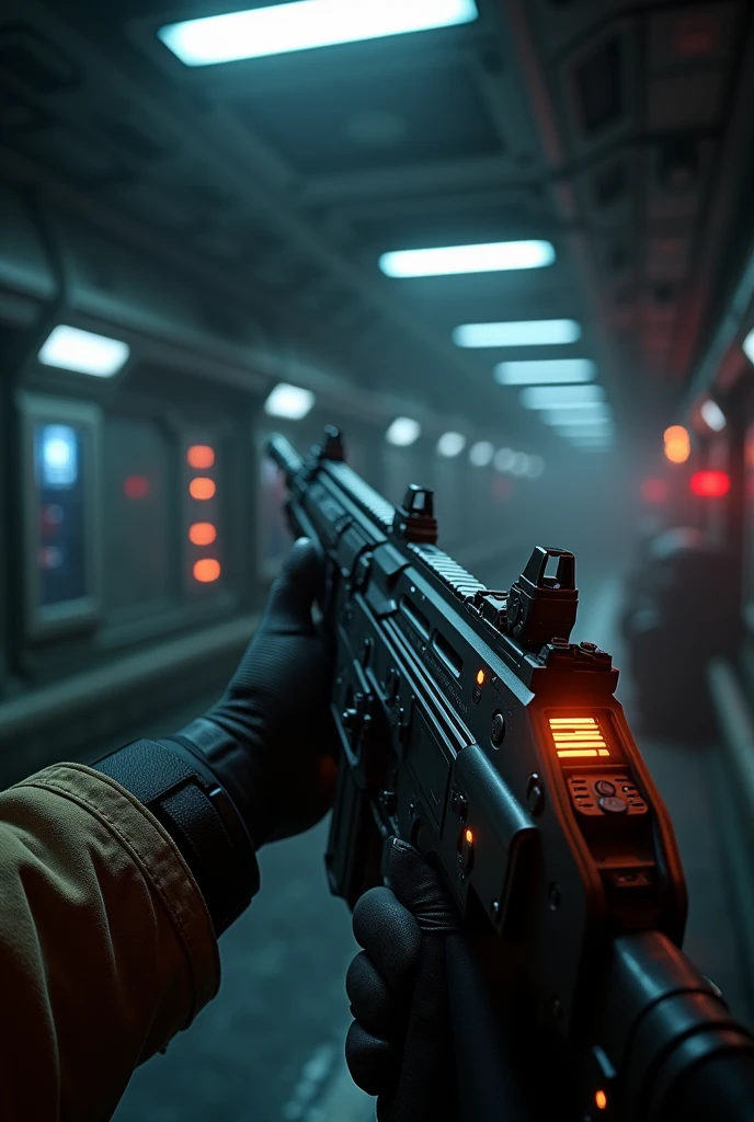 Spaceship internally, FIRST PERSON POINT of crew member holding a rifle, only the arm is visible, ambient lighting is not working 