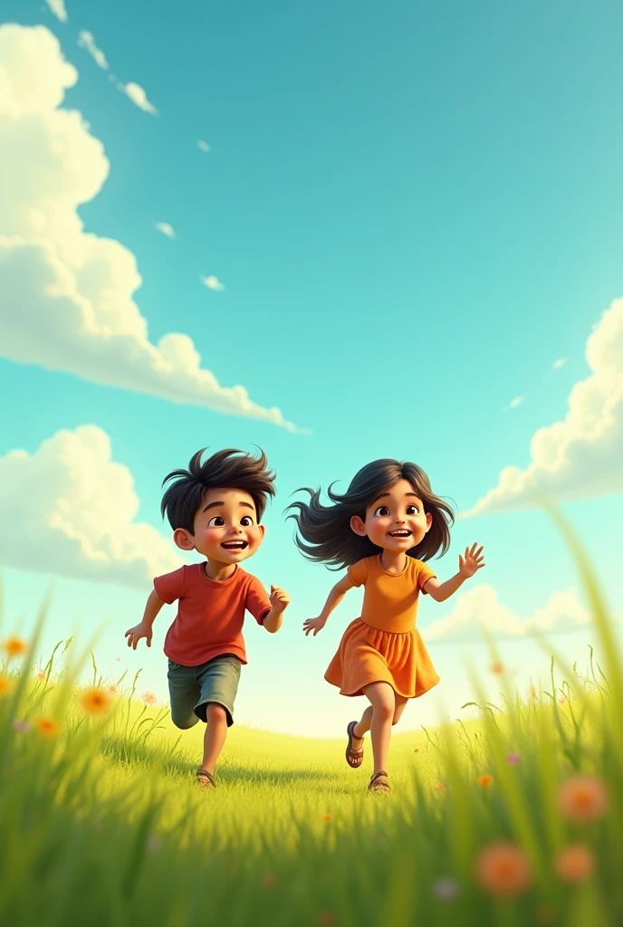(photorealism:1.2), beautiful woman, A nostalgic scene showing a young boy and girl (RAHUL and MITU as children) playing together in a sunny, open field. They are laughing, running, and enjoying their carefree childhood.