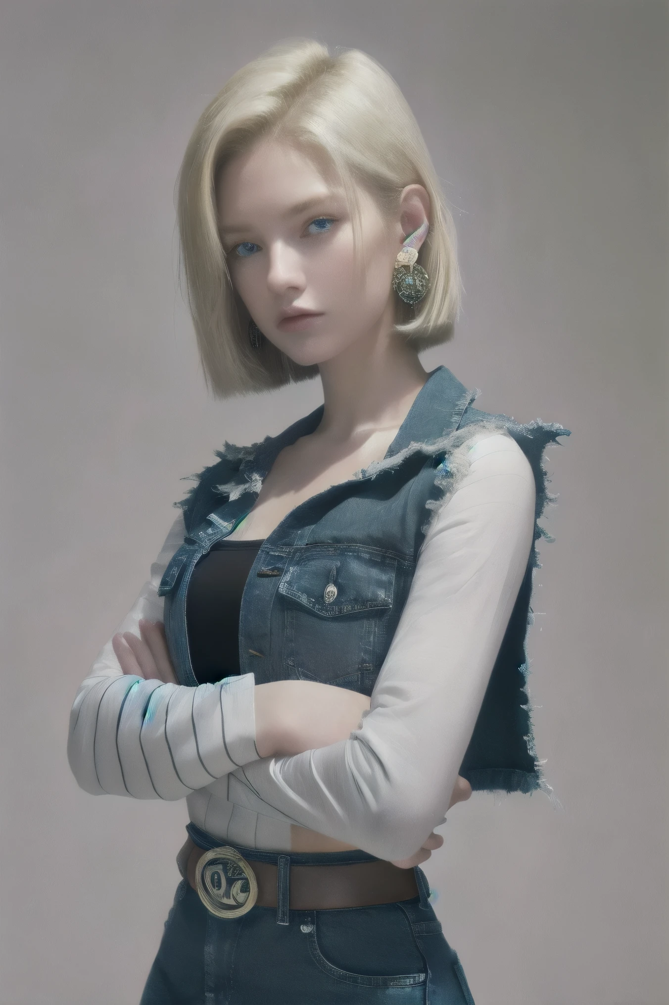 Realistic Android 18, Full Body, Blonde Hair, Blue Eyes, Eyelashes, Hoop Earrings, Short Hair, Earring, Black Sock, White Shirt with Black Stripes, Chest Pocket, Cleavage, Collarbone, Denim, Denim Skirt, Miniskirt high waist, detailed legs, jewelry, long sleeves, pocket, shirt, tucked in shirt, skirt, striped, striped sleeves, vest, correct hands, detailed high volume legs.