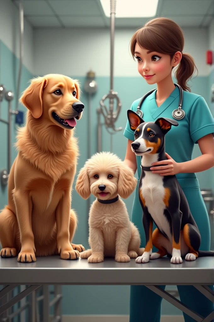Make a picture of three dogs being groomed.